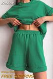 Znbbw Women Tracksuit Summer Cotton Shorts with T-shirt Casual Two Piece Sets Loose Pants Suits Top Woman Elastic Waist Shorts Outfits