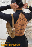 Znbbw Women Harajuku Open Back T-Shirt Long Sleeve Top Cropped Hollow Out Sexy Tshirt Bandage Backless Slim Bodycon Streetwear Knitted