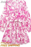 Znbbw TRAF Women Long Sleeve Mini Dresses Summer Casual Floral Print V Neck Dresses Female Sexy Beach Party Dress