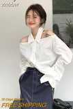 znbbw 2023 Summer Long Sleeve White Shirt Women Korean Style Off The Shoulder Button Ladies Tunic Blouse Female Clothing Tops