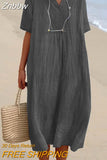 Znbbw V-neck Short Sleeve Pleated Long Dress Simple Solid Color Loose Women Dress 2023 Summer Beach Cotton Linen Dress Vestidos