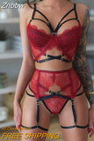 Znbbw Goth Lingerie Set Bandage Women's Underwear Sexy Bra Brief 3 Piece Wireless Brassiere Red Lace Garters Exotic Sets