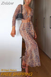 Znbbw Tiger Printed V-Neck Two Piece Set Women Sexy Long Sleeve Tops Maxi Skirts Matching Sets Summer Slim Outfits Partywear