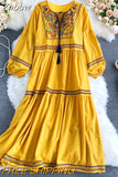 Znbbw Vacation Retro Ethnic Embroidery Vestidos Female V-neck Fringe Lace-up Puff Sleeve Fashion Temperament Midi Dress KK1127