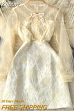 Znbbw Designer Autumn Lace Embroidery Jacquard Dress Women's See through Mesh Long Sleeve Beaded Bow Short Vestidos