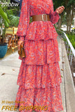 znbbw Women Floral Printed Lantern Long Sleeve Sundress Female Vintage Cake Loose Beach Dress Elegant Cascading Ruffles Cover-Ups