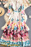 Znbbw 2023 Autumn Runway Long Dresses Women's Long Sleeve Gorgeous Flower Print Buttons up Holiday Party Dress Robe Longue