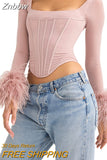 Znbbw Sexy Feather Trim Crop Top Bustier Women Square Collar Long Sleeve Slim T-Shirt Streetwear Club Party Exposed Navel Tees