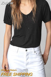 Znbbw Linen T-shirts Women V Neck Short Sleeve Fashion T-shirt Female Casual Tees Tops Streetwear 2023 Summer Clothes