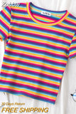 Znbbw T Shirt Women Rainbow Striped Tops Slim Fit t shirt Harajuku Tshirt Summer Short Sleeve Korean T-shirt feminina Clothes Tops