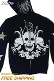 Znbbw Fashion Hot-selling Rhinestones Skeleton Print Black Y2k Gothic Long-sleeve Full Zip Hoodie Oversized Sweatshirt Jacket