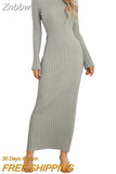 Znbbw Women's Knit Ribbed Long Dress Long Sleeve O Neck Wrapped Pencil Dress robe femme vestidos de mujer casual elegante