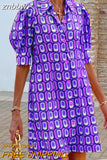 znbbw Turn-Down Collar Check Print Party Dress Female Loose Casual Shirt Dress Vestidos Bohemian Women Short Sleeve Mini Dress