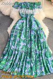 Znbbw Women Summer Dress Off Shoulder Open Shoulder Lotus Leaf Edge Close Waist Slim Print A-line  Big Hem Long Dress D2803