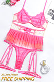 Znbbw Pink Bright Lingerie Erotic Female Underwear Ruffle Transparent Fancy Intimate Lace Garter Belt 3-Piece Exotic Sets