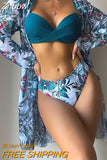 Znbbw Women Gauze Floral Printed Bikini Swimwear Set Full Sleeve Cover Up Three Pieces Sets 2023 Fashion Summer Beach Bathing Suit