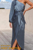 Znbbw Asymmetric Long Dress New Autumn Women's Off Shoulder Lantern Sleeve Party Dress Elegant Lace Up Waist Satin Slim Fit Dress