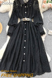 Znbbw Vintage Hollow Out Long Sleeve Over Knee Dress Women High Waist Sashes Buttons Female Black Lace Embroidery Dress