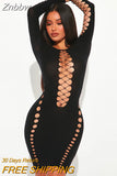 Znbbw Women Sexy Long Sleeve Club Bodycon Hollow Out Black Short Mini Dress 2023 Fall Clothing Wholesale Items For Business