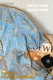 znbbw Women Fashion A-line Mini Denim Dress Summer Single-Breasted Short Puff Sleeve Turn-down Collar Floral Split Jean Dresses Female