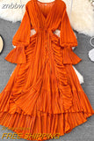 znbbw Autumn New Holiday Style Ankle Length Long Dresses Women Sexy V Neck Puff Sleeve Lace Elegant Evening Party Summer Dress