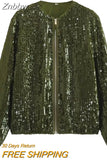 Znbbw TRAF Women Fashion Front Zipper Sequin Bomber Jacket Coat Female Casual O-Neck Long Sleeves With Pockets Loose Chic Top