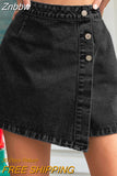 Znbbw High Waist A Line Asymmetrical Hem Mini Denim Skirt Cotton Women 2023 Summer Streetwear Button Up Fashion Jeans Skirt