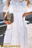 znbbw Lace Patchwork Temperament Beach Dress Summer Short Sleeve Folds Dress Fashion New Lace Pattern O-Neck Loose Women Dress