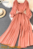 Znbbw Women 2023 spring French Elegant Waist Thin High Waist Square Collar Wide Leg Pleated Fashion Wide Leg Jumpsuit female D0716