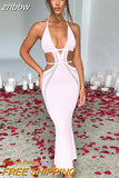 znbbw New Sexy Y2K Clothes Knitted Hollow Out Sleeveless Backless Lace Up Halter Bodycon Maxi Dress For Women Birthday Party Club