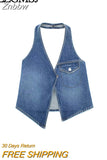 Znbbw TRAF Summer Sexy Camis Women Denim Blue Vest Woemn V Neck Halte Sleeveless Backless Asymmetric Top Female Tanks Y2K