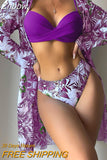 Znbbw Women Gauze Floral Printed Bikini Swimwear Set Full Sleeve Cover Up Three Pieces Sets 2023 Fashion Summer Beach Bathing Suit