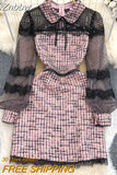 Znbbw Designer Pink Plaid Bow Tie Tweed Dress Autumn Winter Women Long Sleeve Sequins Mesh Patchwork Vintage Short Dress