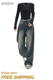 znbbw Fashion Women's High Waist Straight Streetwear Style Blue Jeans Pants Y2K Vintage Wide Leg Female Baggy Trouser Denim