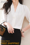 Znbbw Women Blouses Office Lady Work Wear Black White Shirts Elegant Long Sleeve V-Neck Female Clothing Bottoming Tops