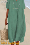 Znbbw V-neck Short Sleeve Pleated Long Dress Simple Solid Color Loose Women Dress 2023 Summer Beach Cotton Linen Dress Vestidos