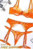 Znbbw Lace Embroidery Lingerie Sexy Transparent Underwear Erotic 3-Piece Orange Mesh Bra Short Skin Care Kits Bilizna Set