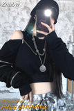 Znbbw Techwear Goth Cropped Hoodies Women Harajuku Off Shoulder Oversize Sweatshirts Black Zip Up Top Hip Hop Streetwear Punk