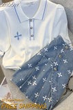 znbbw Women High Quality Summer 2-piece Set O-Neck Black Short Sleeve Knit Tops+Blue Printed Denim Mini Skirt Suit Female Outfits