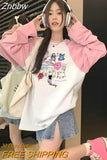 Znbbw Harajuku Oversized T Shirt Women Kawaii Sweet Cartoon Graphic Long Sleeve Tees Funny Patchwork Y2K Tops Vintage Grunge