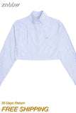 znbbw 2023 Summer Streetwear Long Sleeve Striped Women Cropped Shirt Button Stand Neck Embroidery Ladies Blouse Female Clothing