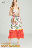 Znbbw Runway Designer Summer Dress Women's V-Neck Spaghetti Strap Vintage Fruit and Vegetable Print Party Midi Dress