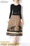 Znbbw Winter Knitted Patchwork Leopard Vintage Print Sweater Dress Women Long Sleeve Sashes Contrast Pleated Midi Vestidos