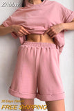 Znbbw Women Tracksuit Summer Cotton Shorts with T-shirt Casual Two Piece Sets Loose Pants Suits Top Woman Elastic Waist Shorts Outfits