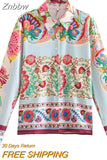 Znbbw Spring 2023 Women Vintage Print Shirt Long Sleeve Single Breasted Blouse Chic Female Satin Tops Blusas Mujer 202306