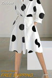 Znbbw Elegant Waist A-line Dress New Autumn Lady Turn-down Collar Pocket Shirt Dress Casual Polka Dot Print Long Sleeved Dress