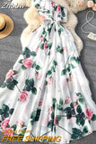 Znbbw Oblique Off Shoulder Flowy Bohemian Dress Women Summer Floral Printed Lace Up Belt High Waist Long Beach Chiffon Dress