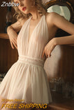 Znbbw Back Lace Gauze Sleeping Dress Temptation White Sexy Mesh Hanging Neck Fairy Backless Tulle Perspective Nightdress