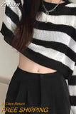 Znbbw Korean Style Striped Cropped Sweater Women Vintage Oversize Knit Jumper Female Autumn Long Sleeve O-neck Pullovers Tops