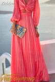 Znbbw Long Sleeve V Neck Pleated Long Dress Women Sexy Bell Sleeve Deep V Hollow Slit Dress Ladies Fashion Solid Loose Dresses